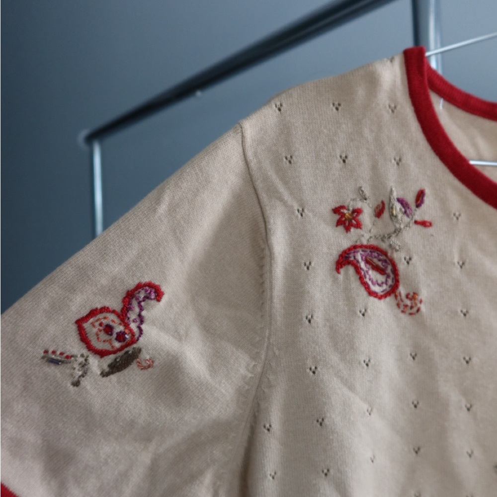 Embroidered Beige Kids Top with Red‎ Accents - Picture 4 of 6